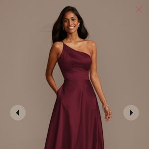 David's Bridal One-shoulder Satin A-line long bridesmaid dress in Wine Size #2